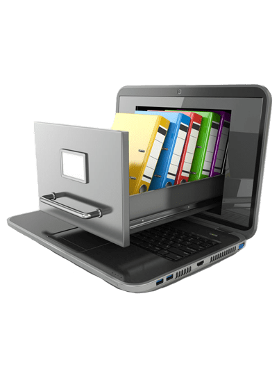 ordinateur avec un tiroir rempli de dossiers